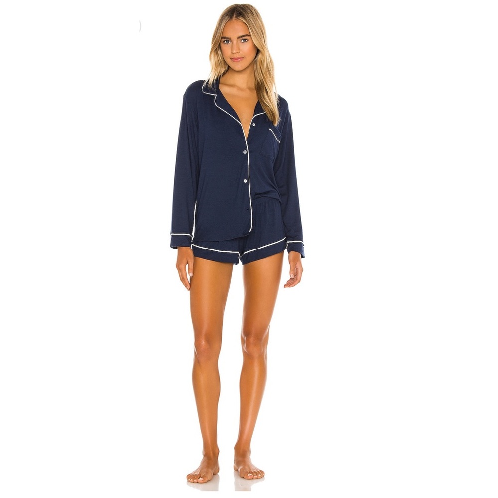 Eberjey Navy Blue Pajama Top & Short Set with White Piping